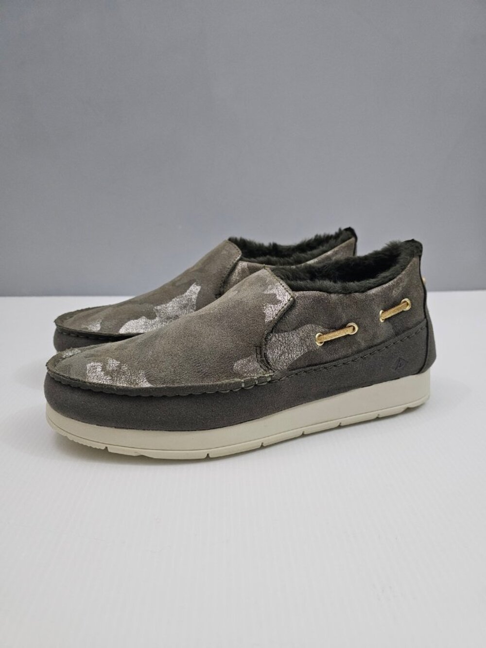 Sperry Moc Sider Slip On Sneaker Womens 7.5 Metallic Olive Camo Suede Faux Fur